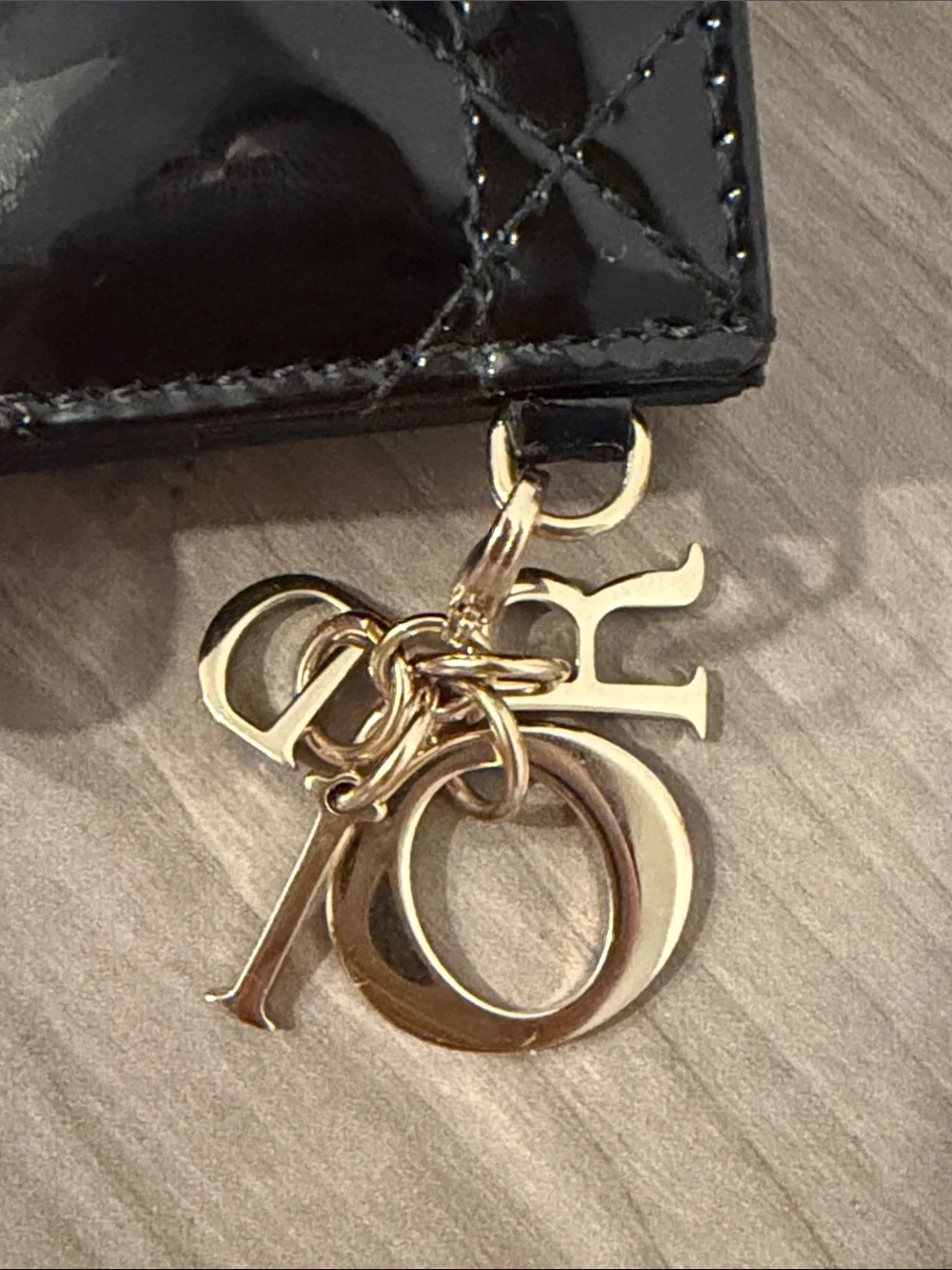 Lady Dior Black Patent Quilted Card & Key Holder with Gold Charm